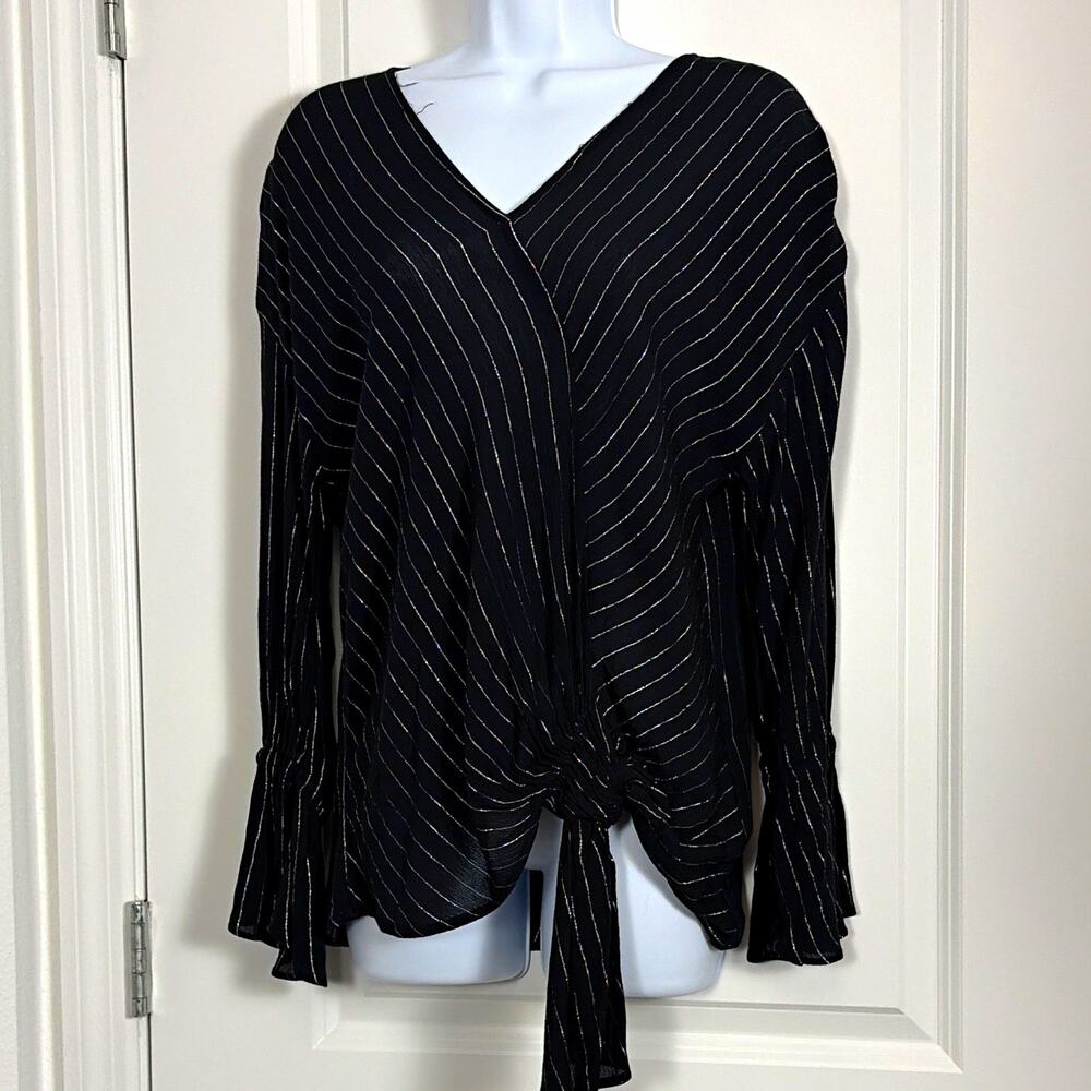 Juicy CoutureBlack Striped V-Neck Tie Front Bell Sleeve Blouse XS whimsgoth Y2K